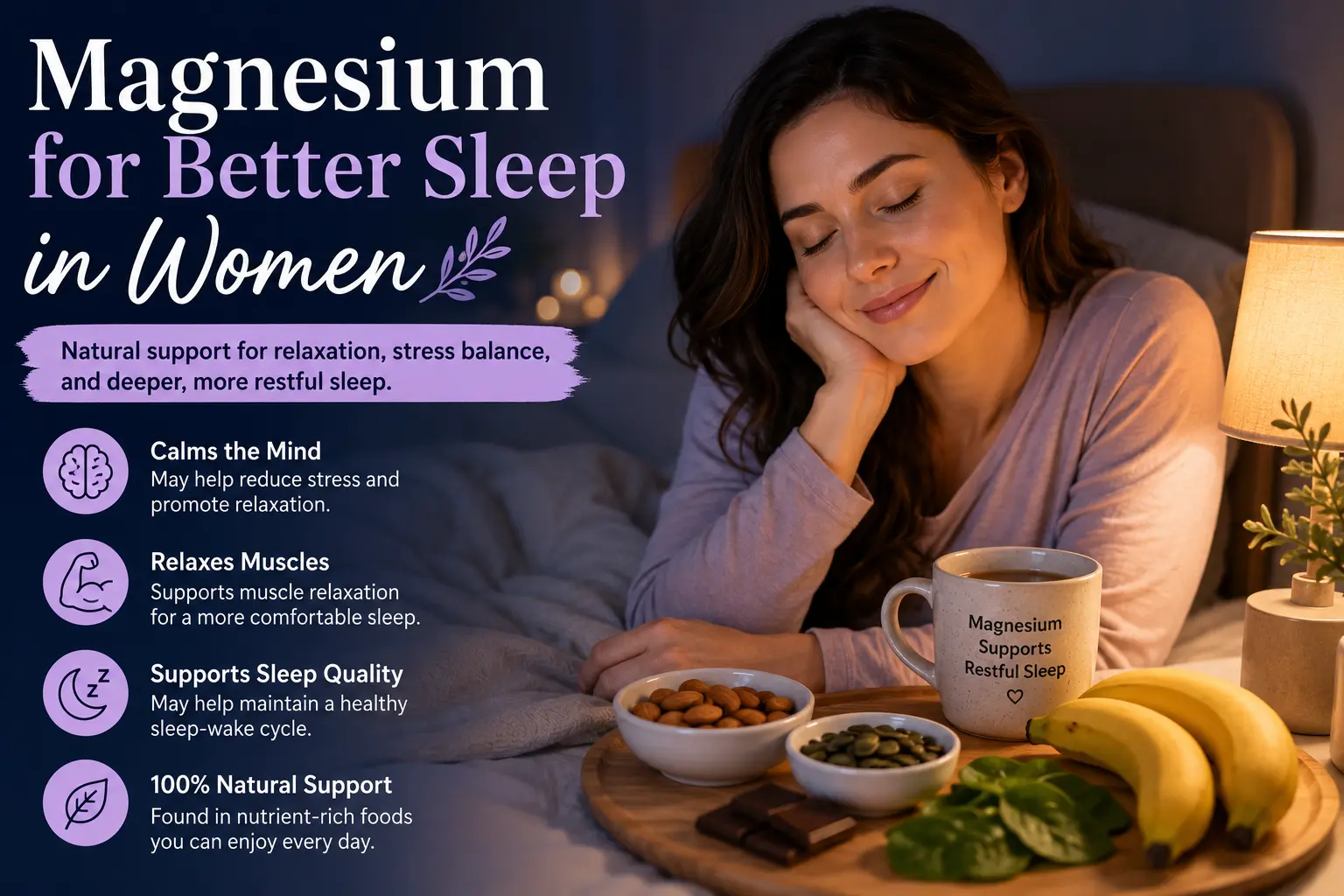 Woman relaxing at night with calming tea and sleep routine items representing magnesium for better sleep in women
