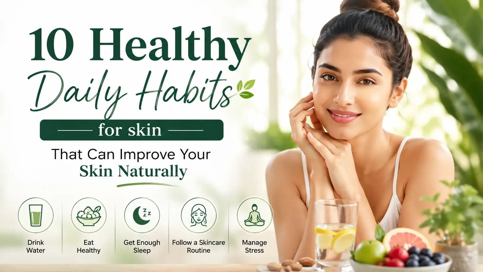 Woman practicing healthy daily habits for naturally healthy-looking skin, including hydration, nutritious eating, gentle skincare, and a balanced wellness routine.