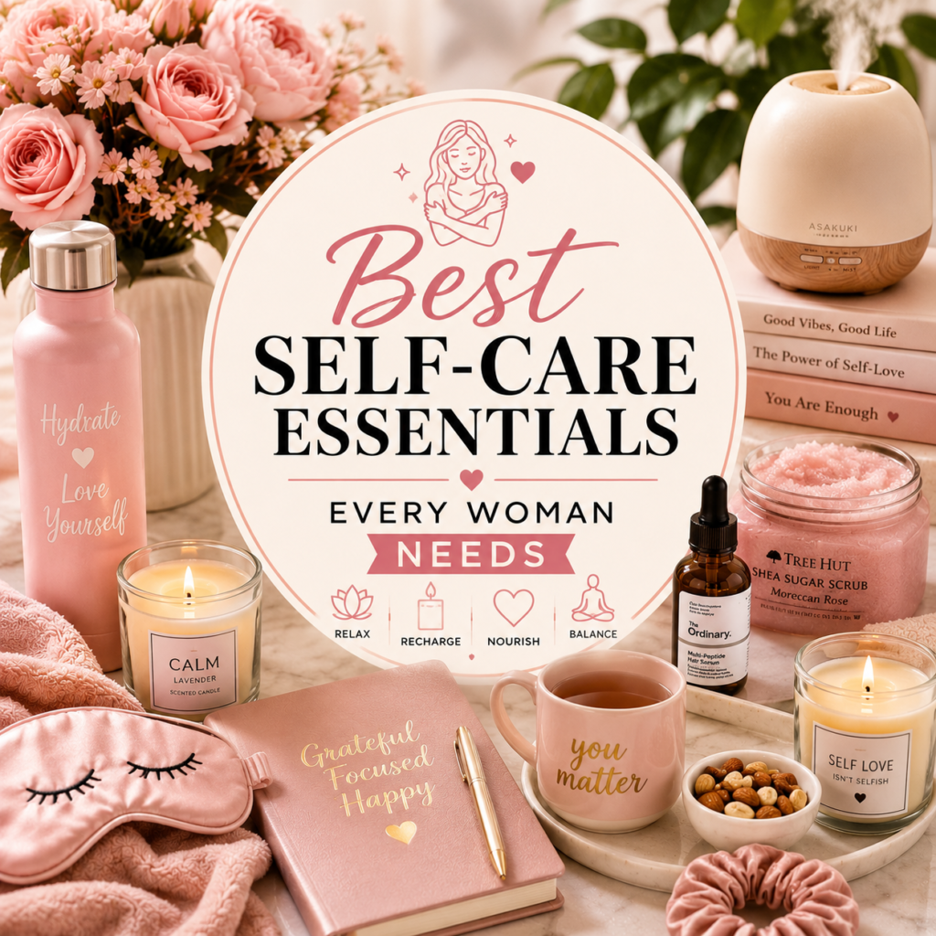 Best self-care essentials every woman needs including aromatherapy, skincare, bath products, candles, journals, and wellness accessories.