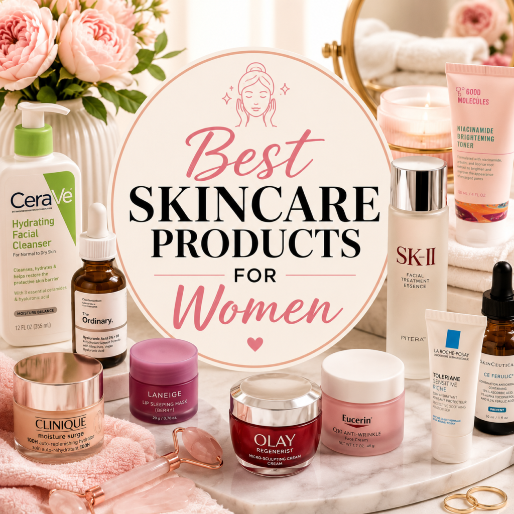 Best skincare products for women including cleansers, serums, moisturizers, sunscreen, and anti-aging essentials.