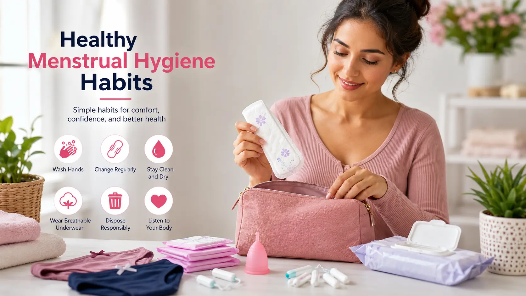 Woman organizing menstrual hygiene essentials, including sanitary pads, tampons, a menstrual cup, and period care products, demonstrating healthy menstrual hygiene habits.