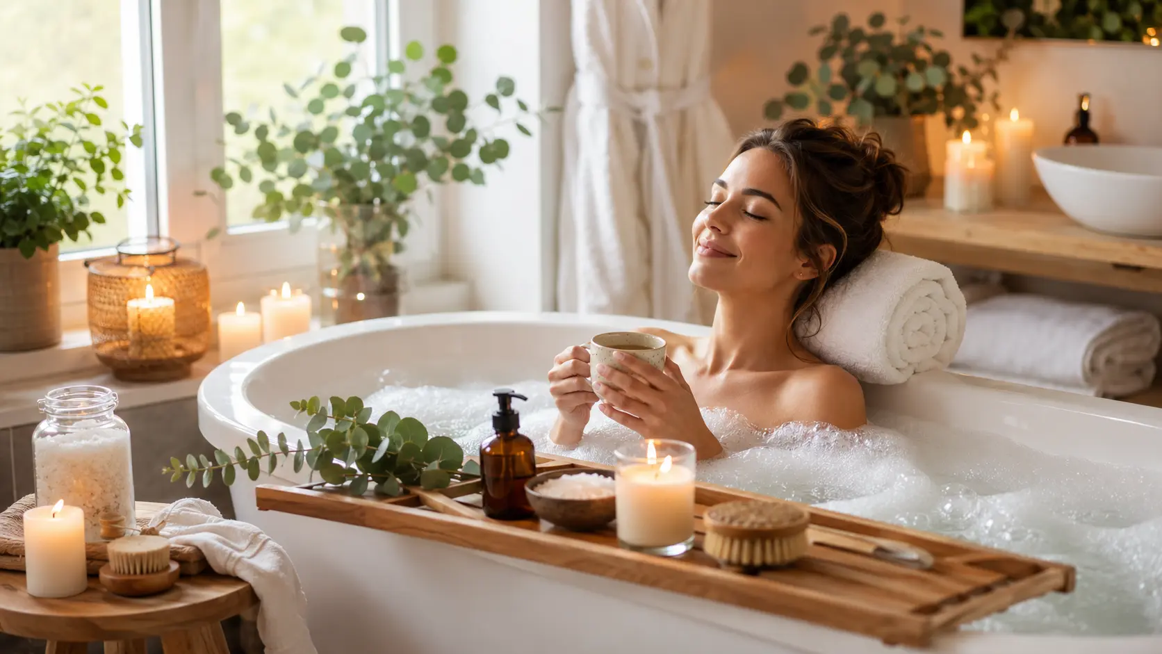 Woman enjoying a relaxing home spa experience with a warm bubble bath, candles, soft towels, herbal tea, and calming aromatherapy in a peaceful bathroom.