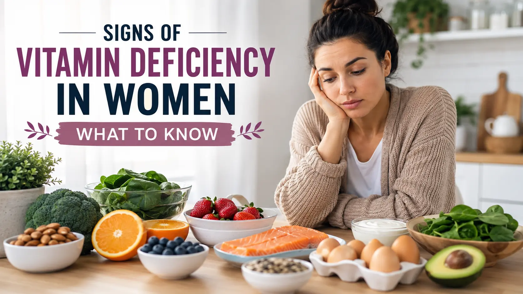 A woman showing signs of fatigue while surrounded by healthy vitamin-rich foods, illustrating common signs of vitamin deficiency in women.