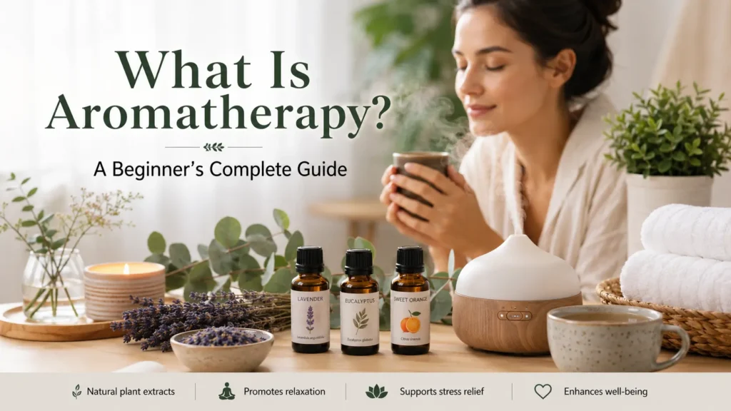 Woman enjoying an aromatherapy self-care routine with essential oils, a diffuser, candles, and herbal tea in a relaxing home spa setting.
